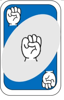 Carta azul com sinal do jogo UNO em Libras